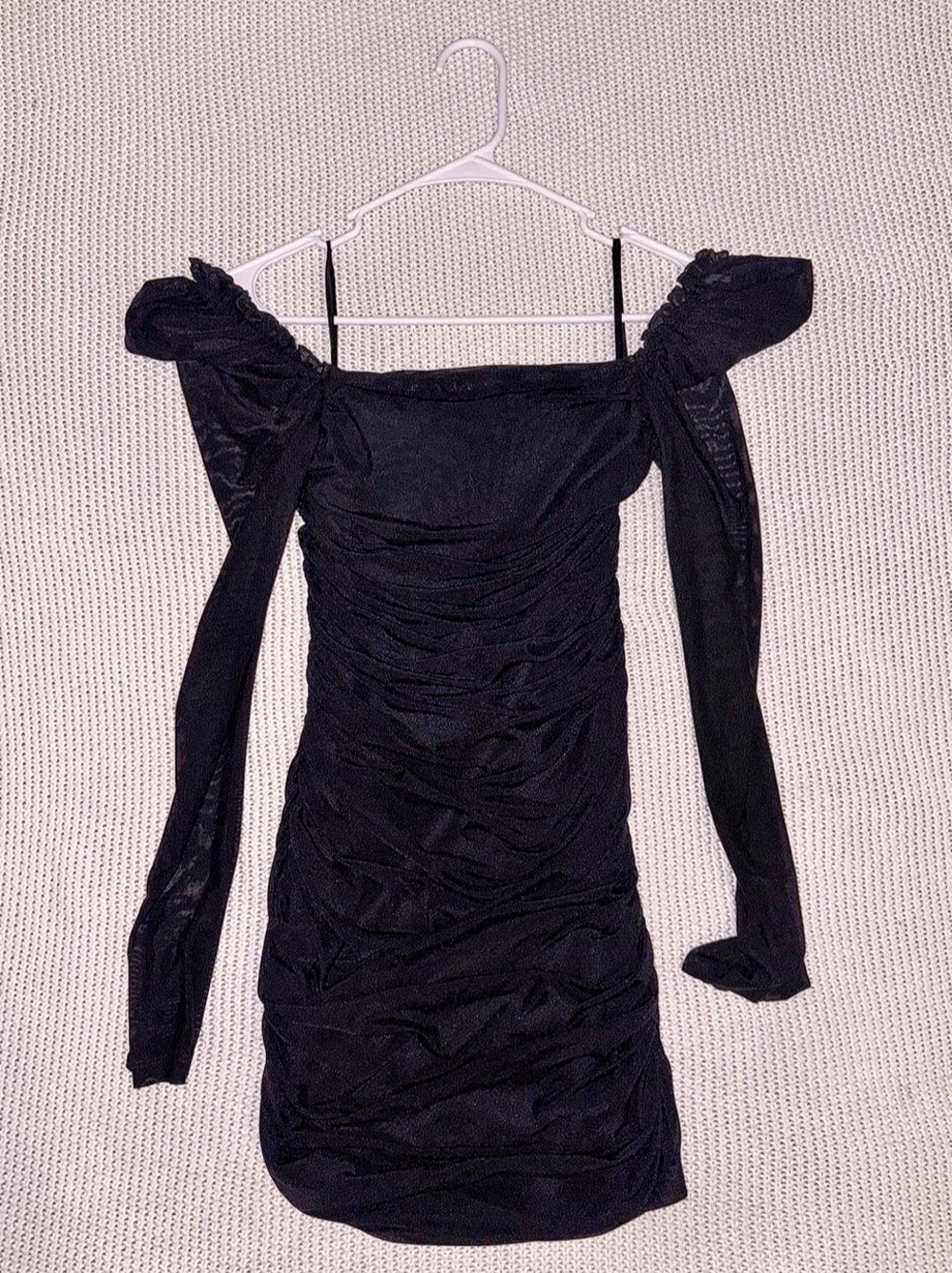 Ruched Off-Shoulder Mini Dress in Black Like New